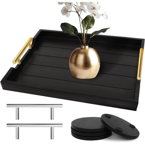 Wood Serving Tray Set Large Coffee Table Ottoman Tray with Handles and Coasters - Picture 1 of 7